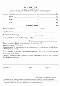 Świadectwo  na mięso zwierząt łownych przewożone z punktu skupu do zakładu przetwórstwa A5